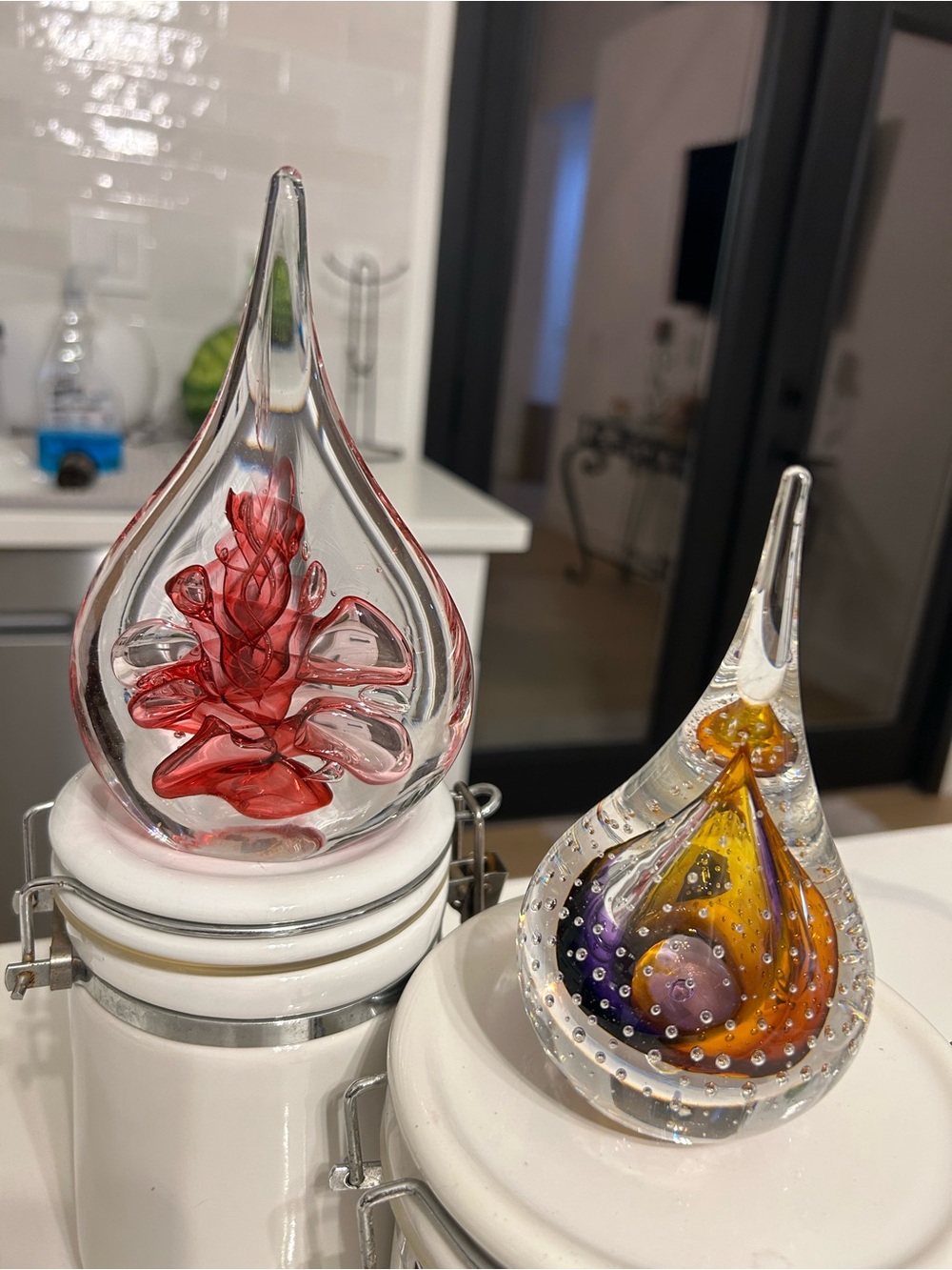 2 Handblown Glass Teardrop Paper weighs Art Sculpture - Red and Multicolor